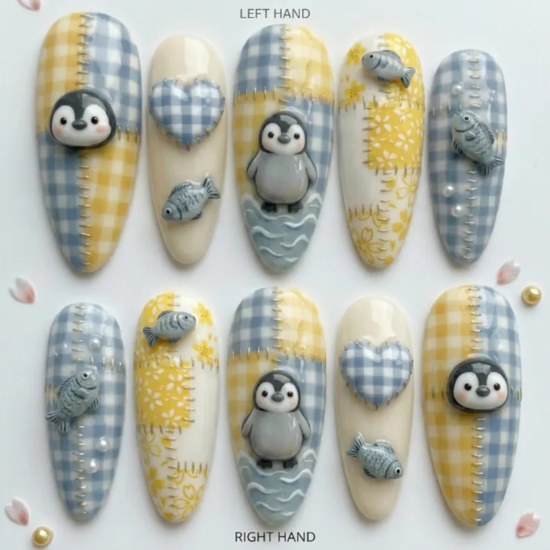kawaii blue nails, yellow gingham nails, press on nails, custom press on nails, fake nails, Nails Art, stained glass nails, gold press on nails, 3d press on nails, luxury press on nails, handmade press on nails