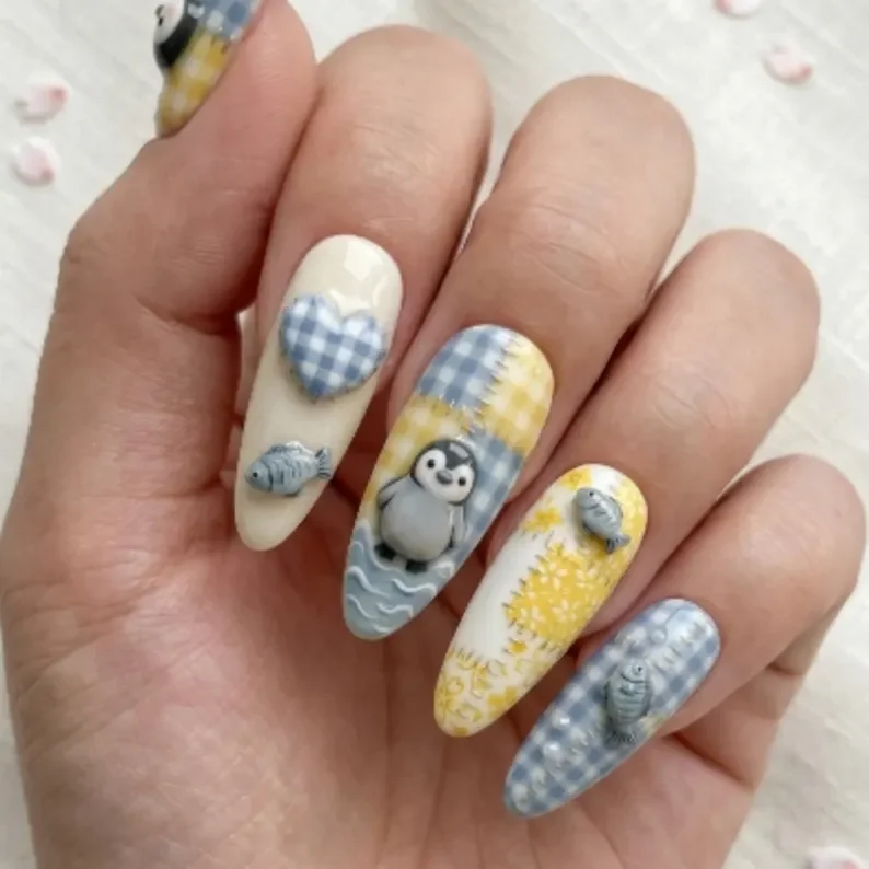kawaii blue nails, yellow gingham nails, press on nails, custom press on nails, fake nails, Nails Art, stained glass nails, gold press on nails, 3d press on nails, luxury press on nails, handmade press on nails