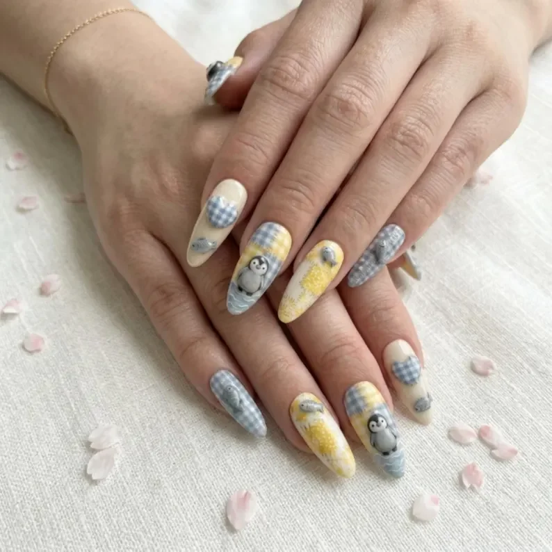 gingham nail set, blue and yellow nails, press on nails, custom press on nails, fake nails, Nails Art, stained glass nails, gold press on nails, 3d press on nails, luxury press on nails, handmade press on nails