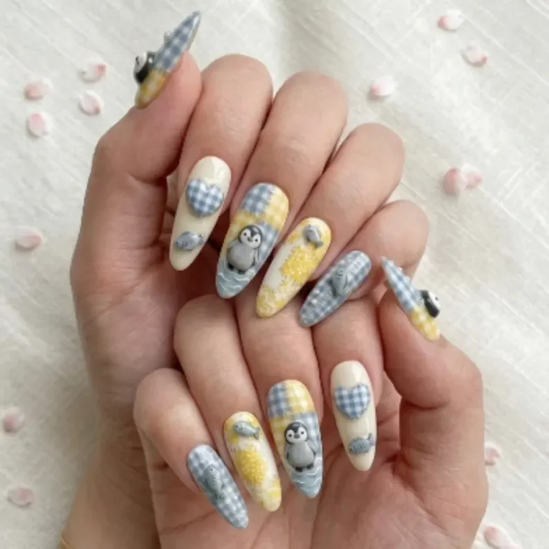 hand painted press ons, kawaii patchwork nails, press on nails, custom press on nails, fake nails, Nails Art, stained glass nails, gold press on nails, 3d press on nails, luxury press on nails, handmade press on nails
