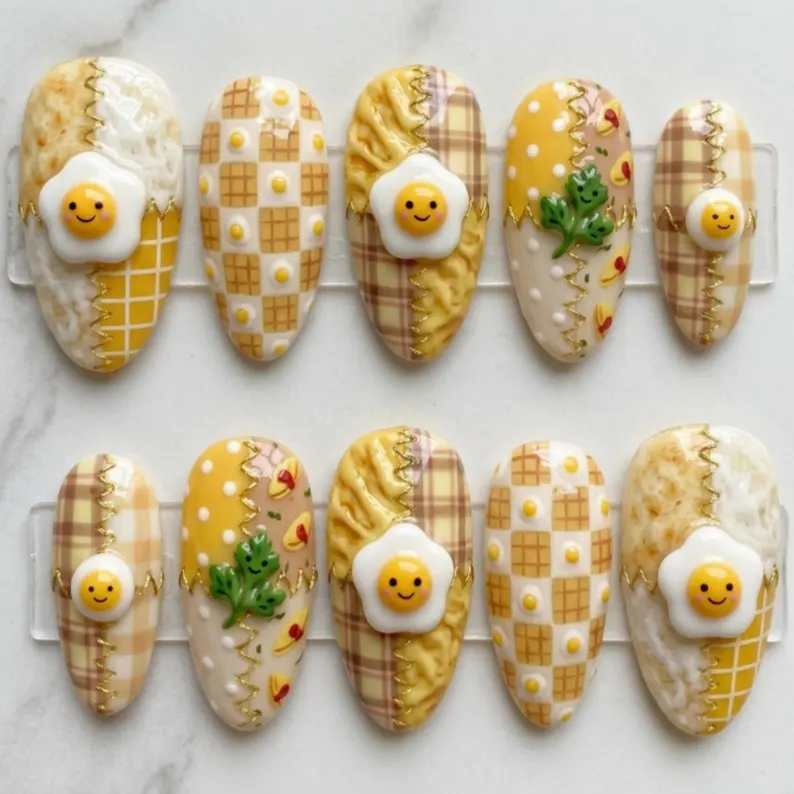 kawaii breakfast, gingham artisan, press on nails, custom press on nails, fake nails, Nails Art, stained glass nails, gold press on nails, 3d press on nails, luxury press on nails, handmade press on nails