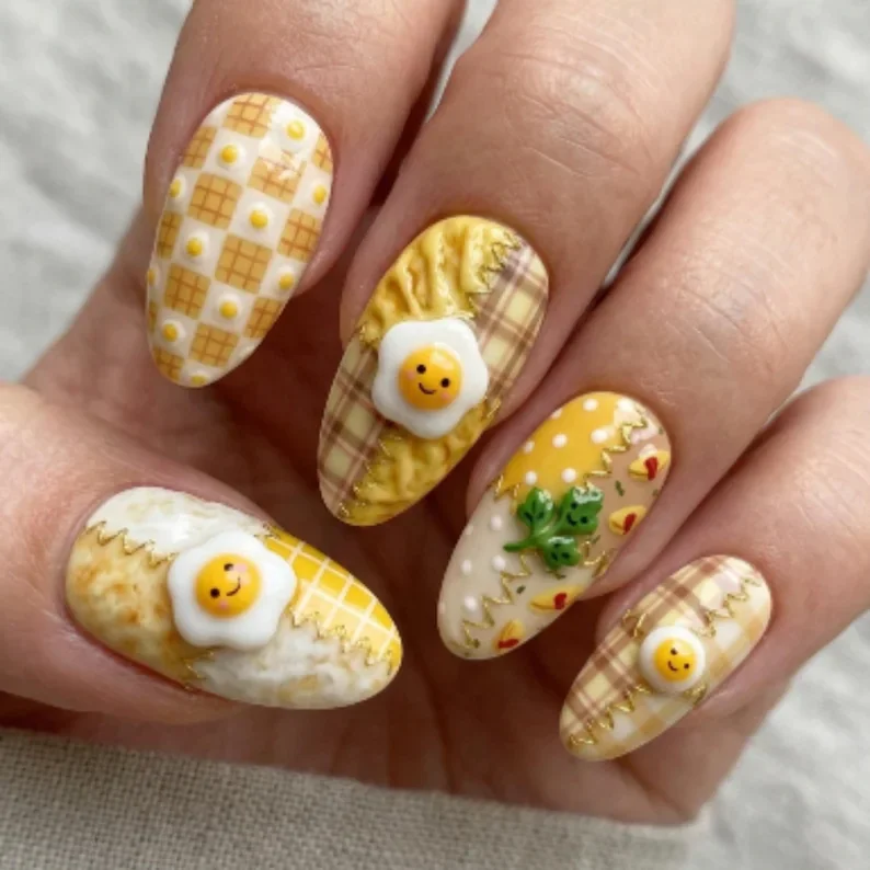 kawaii breakfast, gingham artisan, press on nails, custom press on nails, fake nails, Nails Art, stained glass nails, gold press on nails, 3d press on nails, luxury press on nails, handmade press on nails