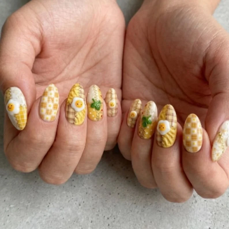 egg nail set, sunny side up, press on nails, custom press on nails, fake nails, Nails Art, stained glass nails, gold press on nails, 3d press on nails, luxury press on nails, handmade press on nails