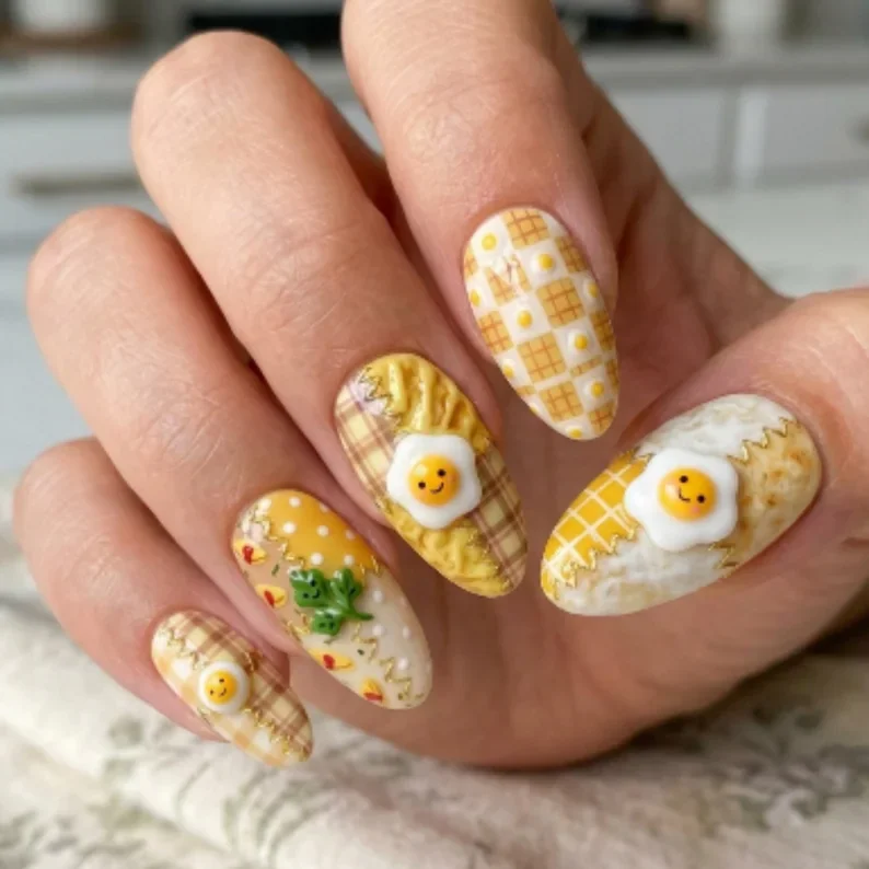 breakfast nails, artisan set, press on nails, custom press on nails, fake nails, Nails Art, stained glass nails, gold press on nails, 3d press on nails, luxury press on nails, handmade press on nails