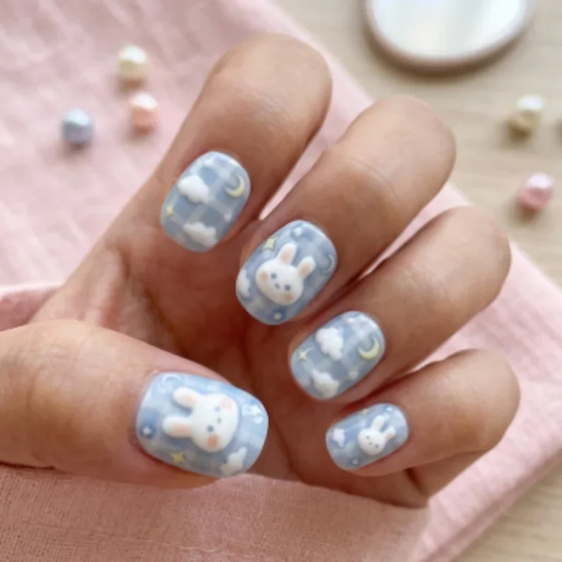3D Blueberry Bunny, Press On Nails, press on nails, custom press on nails, fake nails, Nails Art, stained glass nails, gold press on nails, 3d press on nails, luxury press on nails, handmade press on nails