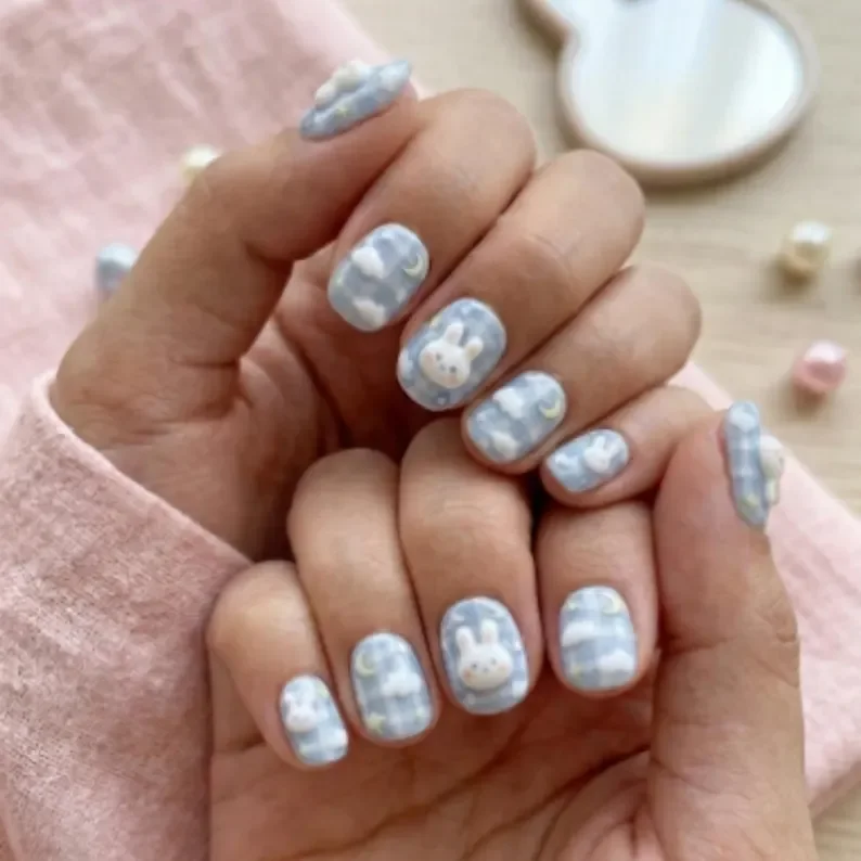Bunny Nail Design, Cute Blue Nails, press on nails, custom press on nails, fake nails, Nails Art, stained glass nails, gold press on nails, 3d press on nails, luxury press on nails, handmade press on nails