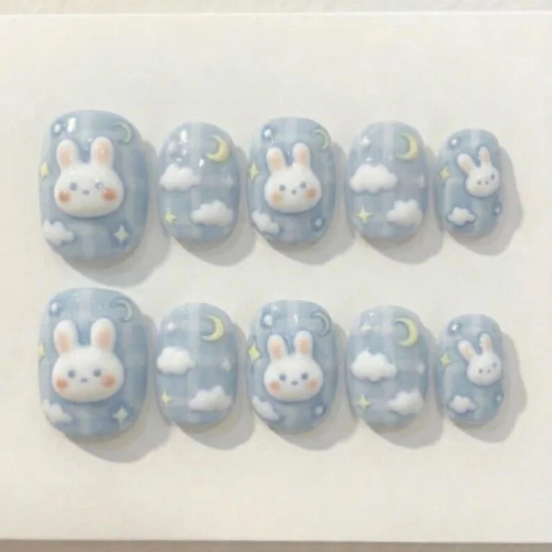 3D Blueberry Bunny, Press On Nails, press on nails, custom press on nails, fake nails, Nails Art, stained glass nails, gold press on nails, 3d press on nails, luxury press on nails, handmade press on nails