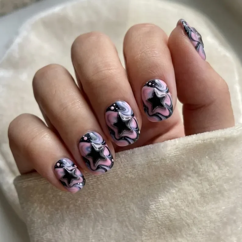 Y2K Nail Art, Galactic Swirl, press on nails, custom press on nails, fake nails, Nails Art, stained glass nails, gold press on nails, 3d press on nails, luxury press on nails, handmade press on nails