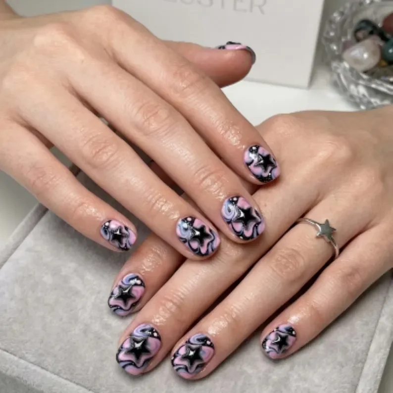 Black Pink Nails, Super Short Nails, press on nails, custom press on nails, fake nails, Nails Art, stained glass nails, gold press on nails, 3d press on nails, luxury press on nails, handmade press on nails