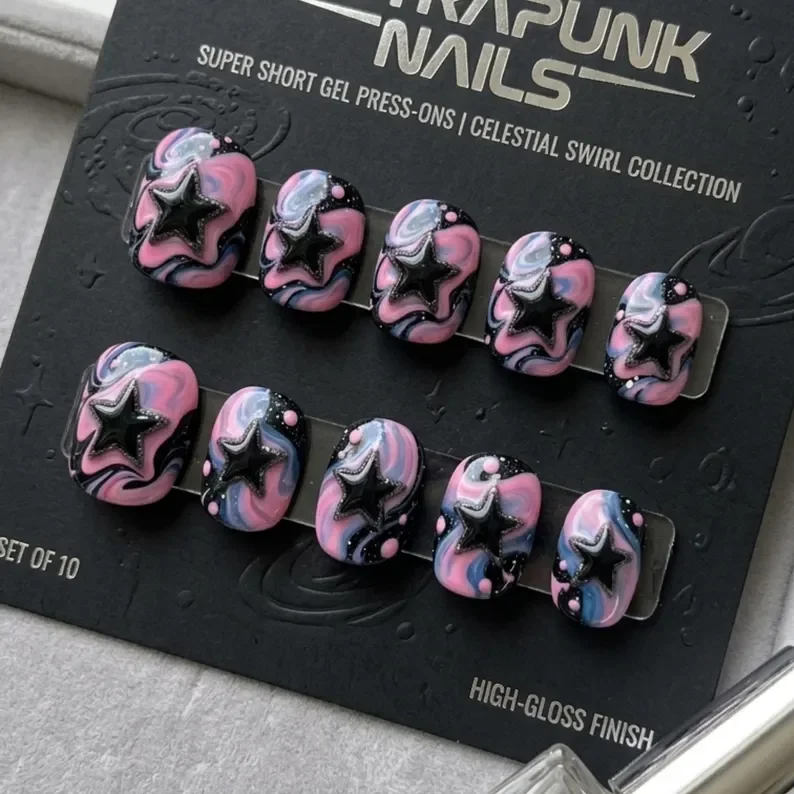 Swirl Nail Art, 3D Star Press On, press on nails, custom press on nails, fake nails, Nails Art, stained glass nails, gold press on nails, 3d press on nails, luxury press on nails, handmade press on nails