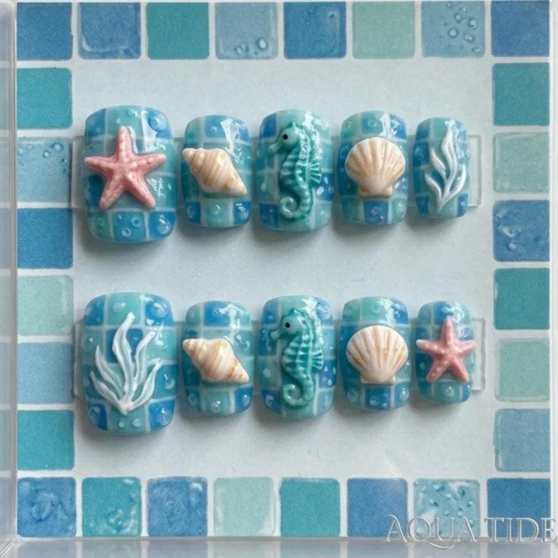 3D summer nails, pool party nails, press on nails, custom press on nails, fake nails, Nails Art, stained glass nails, gold press on nails, 3d press on nails, luxury press on nails, handmade press on nails