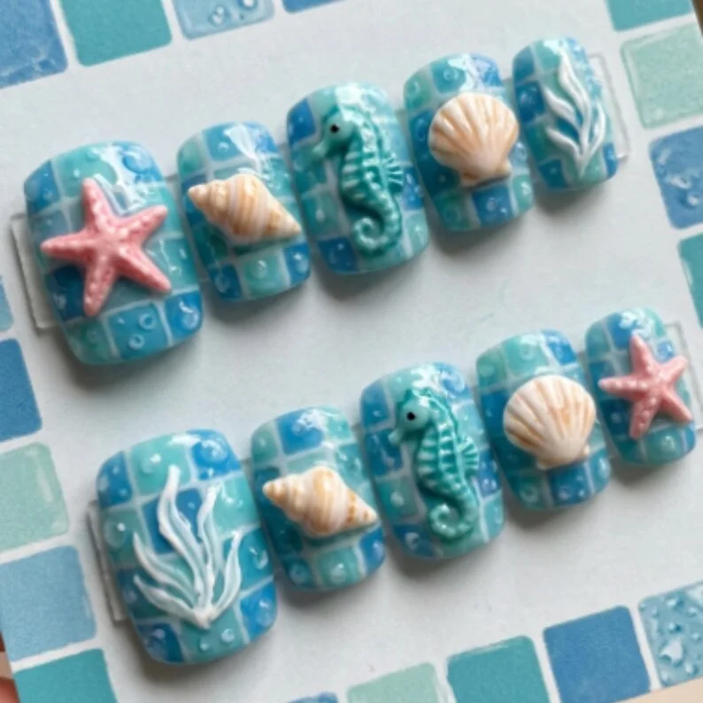 3D summer nails, pool party nails, press on nails, custom press on nails, fake nails, Nails Art, stained glass nails, gold press on nails, 3d press on nails, luxury press on nails, handmade press on nails