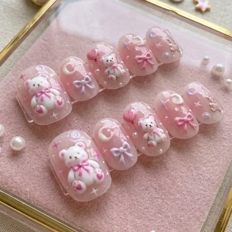 3D teddy bear nails, press on nails, custom press on nails, fake nails, Nails Art, stained glass nails, gold press on nails, 3d press on nails, luxury press on nails, handmade press on nails