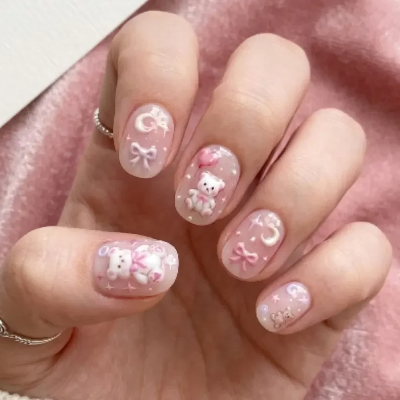 super short nails, kawaii pink nails, press on nails, custom press on nails, fake nails, Nails Art, stained glass nails, gold press on nails, 3d press on nails, luxury press on nails, handmade press on nails