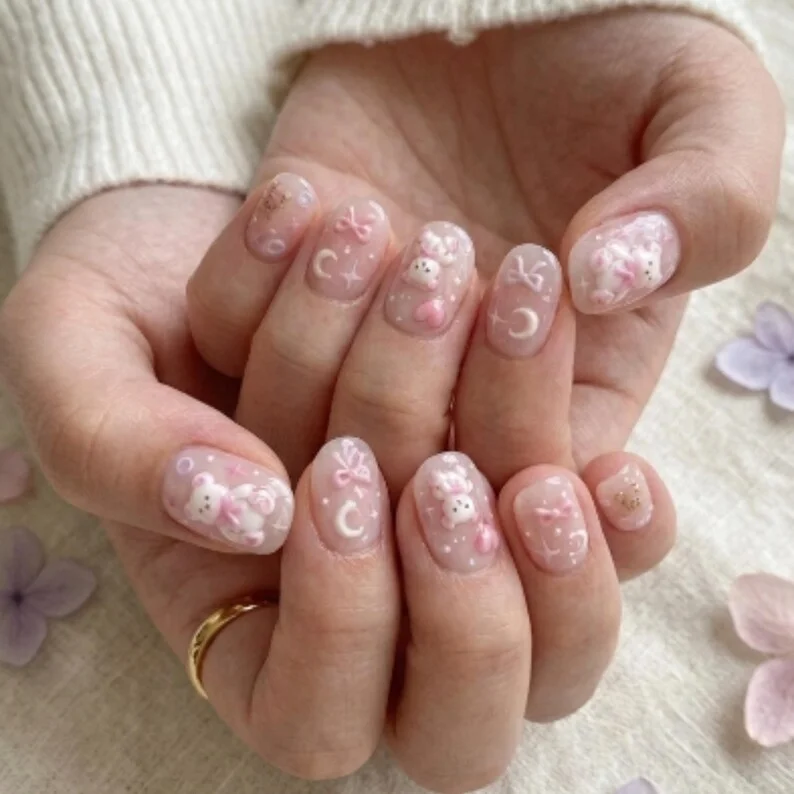 teddy bear design, pink jelly nails, press on nails, custom press on nails, fake nails, Nails Art, stained glass nails, gold press on nails, 3d press on nails, luxury press on nails, handmade press on nails