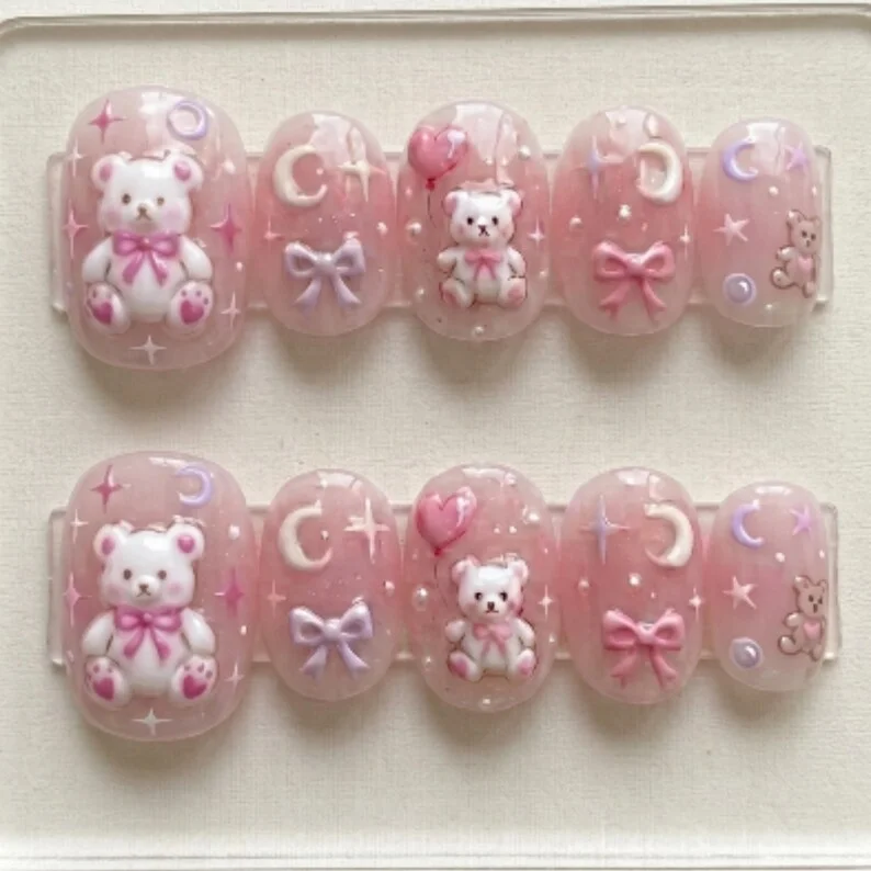3D teddy bear nails, press on nails, custom press on nails, fake nails, Nails Art, stained glass nails, gold press on nails, 3d press on nails, luxury press on nails, handmade press on nails