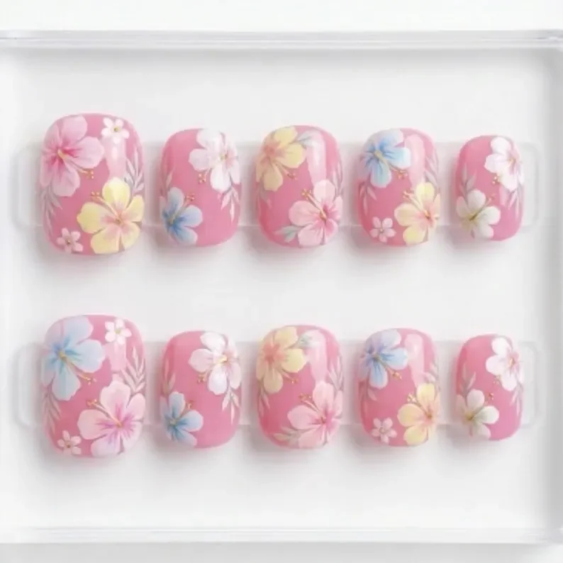 3D tropical hibiscus, press on nails, custom press on nails, fake nails, Nails Art, stained glass nails, gold press on nails, 3d press on nails, luxury press on nails, handmade press on nails