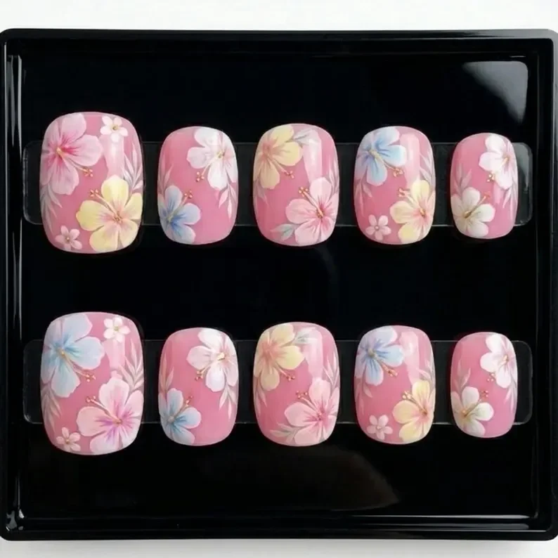 3D hibiscus nails, 3D tropical hibiscus, press on nails, custom press on nails, fake nails, Nails Art, stained glass nails, gold press on nails, 3d press on nails, luxury press on nails, handmade press on nails