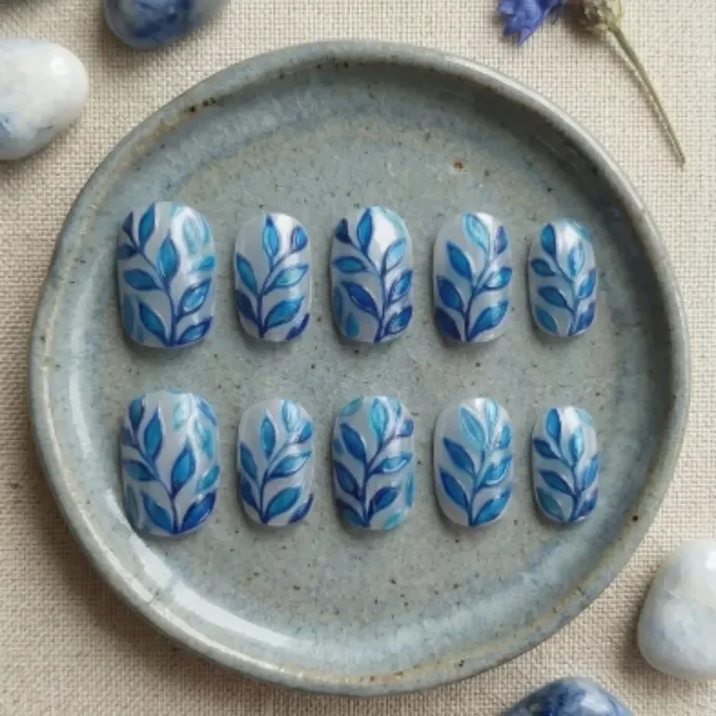 cobalt foliage press on, super short nails, press on nails, custom press on nails, fake nails, Nails Art, stained glass nails, gold press on nails, 3d press on nails, luxury press on nails, handmade press on nails
