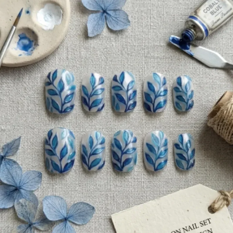 cobalt foliage press on, super short nails, press on nails, custom press on nails, fake nails, Nails Art, stained glass nails, gold press on nails, 3d press on nails, luxury press on nails, handmade press on nails