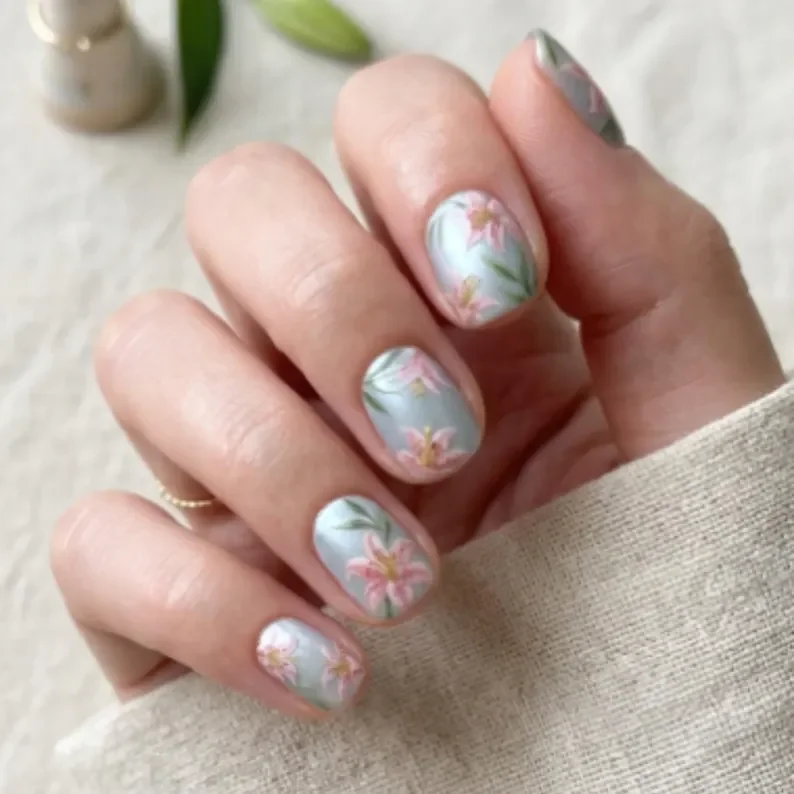 pearl shimmer nails, spring floral nails, press on nails, custom press on nails, fake nails, Nails Art, stained glass nails, gold press on nails, 3d press on nails, luxury press on nails, handmade press on nails