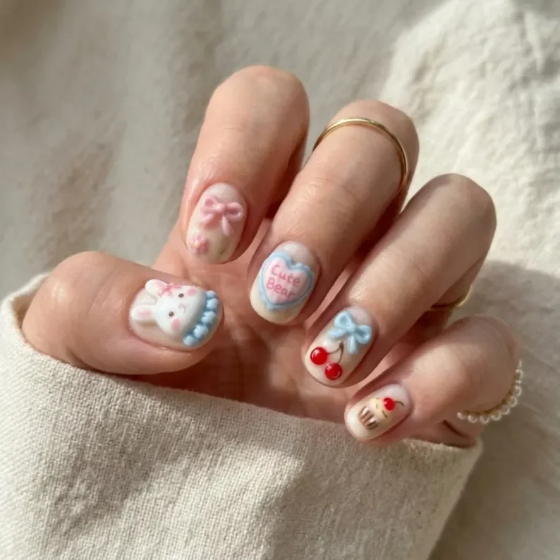 pastel coquette, cherries nail art, press on nails, custom press on nails, fake nails, Nails Art, stained glass nails, gold press on nails, 3d press on nails, luxury press on nails, handmade press on nails
