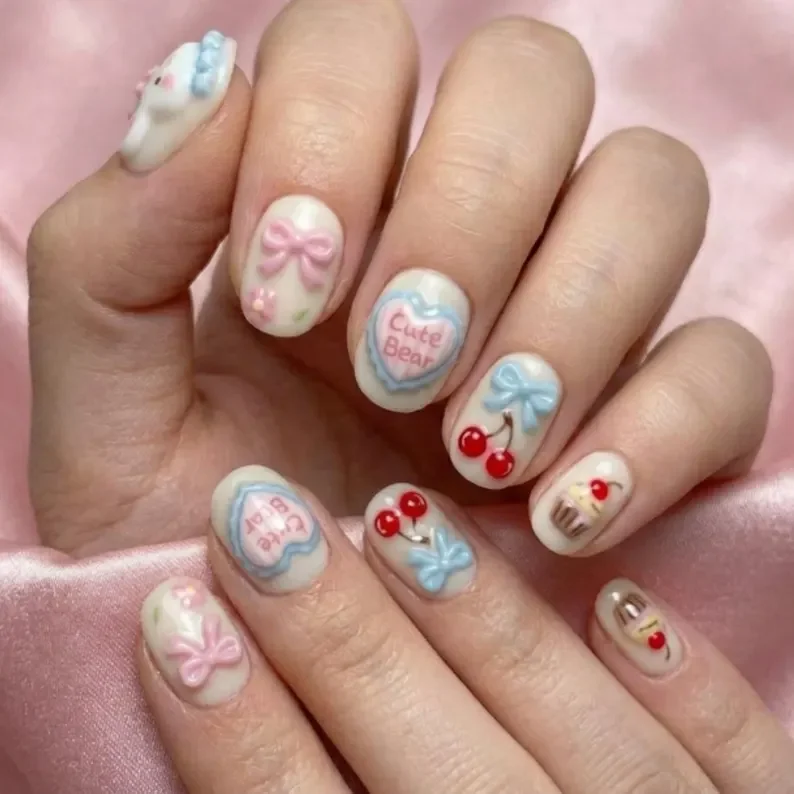 super short nails, cute bunny manicure, press on nails, custom press on nails, fake nails, Nails Art, stained glass nails, gold press on nails, 3d press on nails, luxury press on nails, handmade press on nails