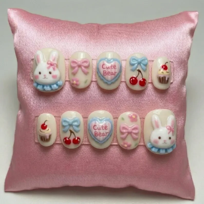 kawaii bunny nails, 3D press on nails, press on nails, custom press on nails, fake nails, Nails Art, stained glass nails, gold press on nails, 3d press on nails, luxury press on nails, handmade press on nails