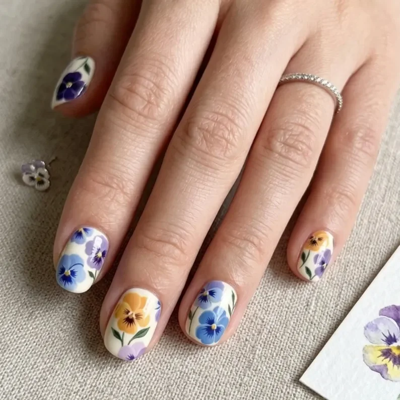 pansy nail art, patch press ons, press on nails, custom press on nails, fake nails, Nails Art, stained glass nails, gold press on nails, 3d press on nails, luxury press on nails, handmade press on nails