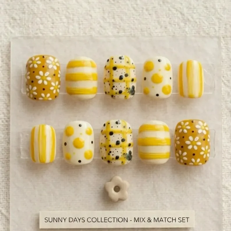 press on nails, yellow mix match, custom press on nails, fake nails, Nails Art, stained glass nails, gold press on nails, 3d press on nails, luxury press on nails, handmade press on nails