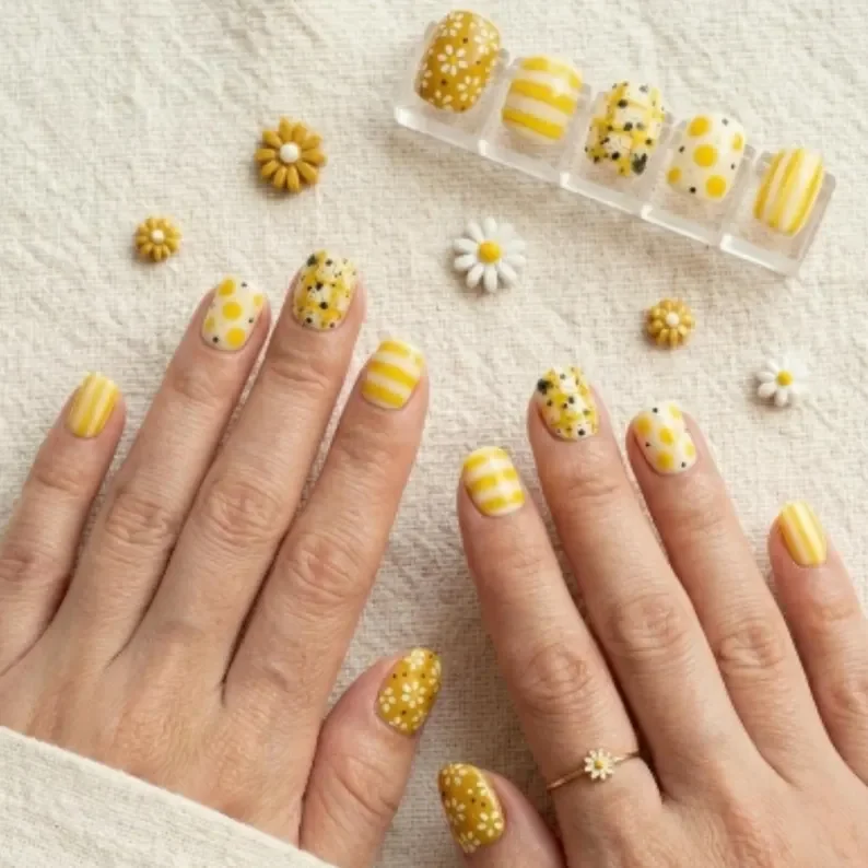 sunny daisy design, plaid nail art, press on nails, custom press on nails, fake nails, Nails Art, stained glass nails, gold press on nails, 3d press on nails, luxury press on nails, handmade press on nails