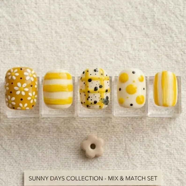 press on nails, yellow mix match, custom press on nails, fake nails, Nails Art, stained glass nails, gold press on nails, 3d press on nails, luxury press on nails, handmade press on nails