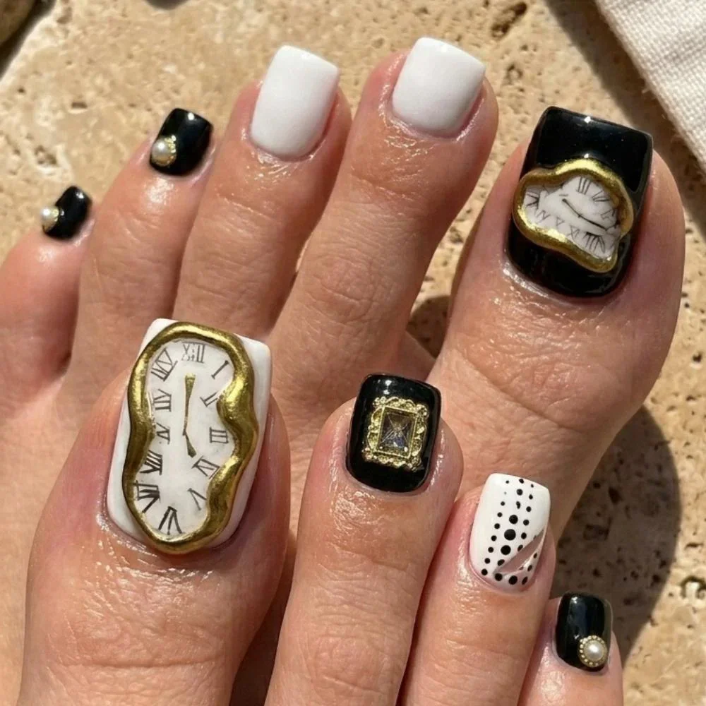 surrealist melting clock, press on toes, press on nails, custom press on nails, fake nails, Nails Art, stained glass nails, gold press on nails, 3d press on nails, luxury press on nails, handmade press on nails