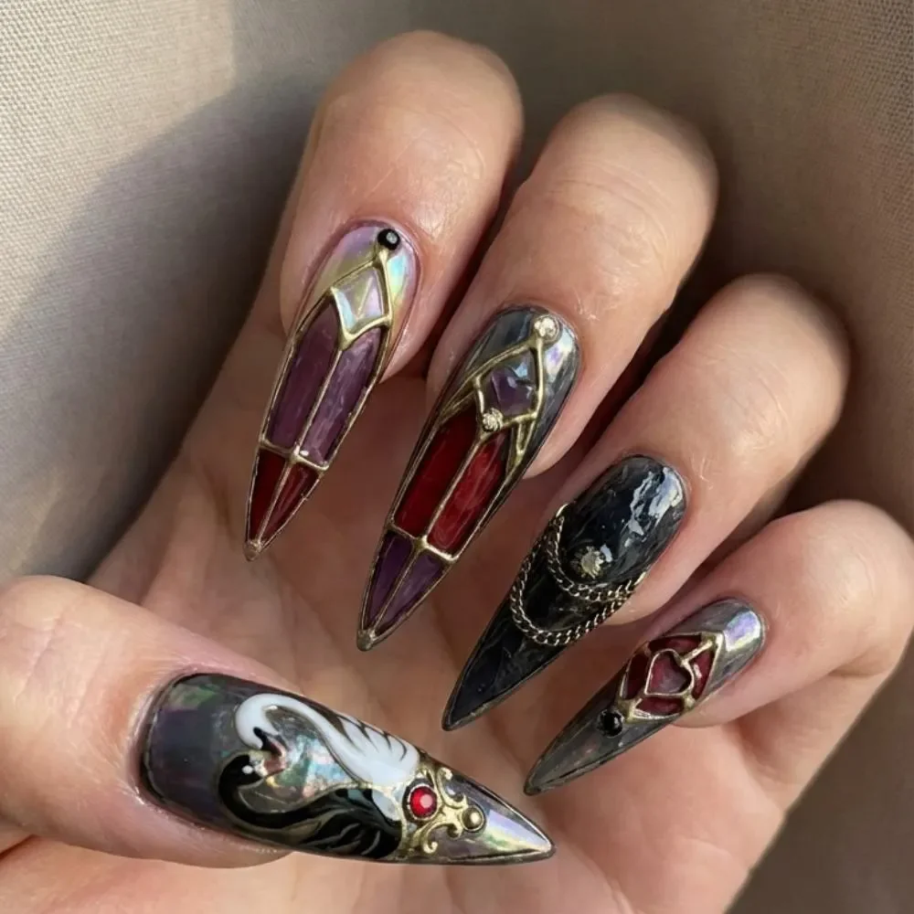 victorian nail art, swan lake nails, press on nails, custom press on nails, fake nails, Nails Art, stained glass nails, gold press on nails, 3d press on nails, luxury press on nails, handmade press on nails