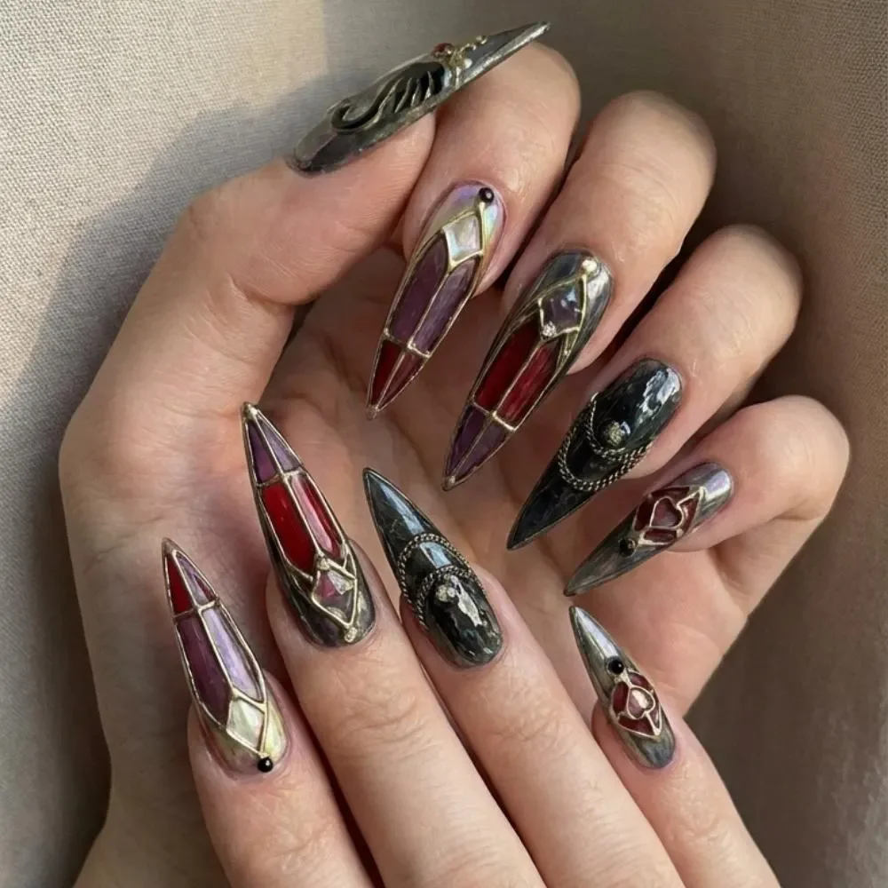 gothic victorian, 3D nail design, press on nails, custom press on nails, fake nails, Nails Art, stained glass nails, gold press on nails, 3d press on nails, luxury press on nails, handmade press on nails