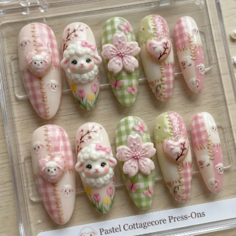 sweet lamb nails, sakura press ons, press on nails, custom press on nails, fake nails, Nails Art, stained glass nails, gold press on nails, 3d press on nails, luxury press on nails, handmade press on nails