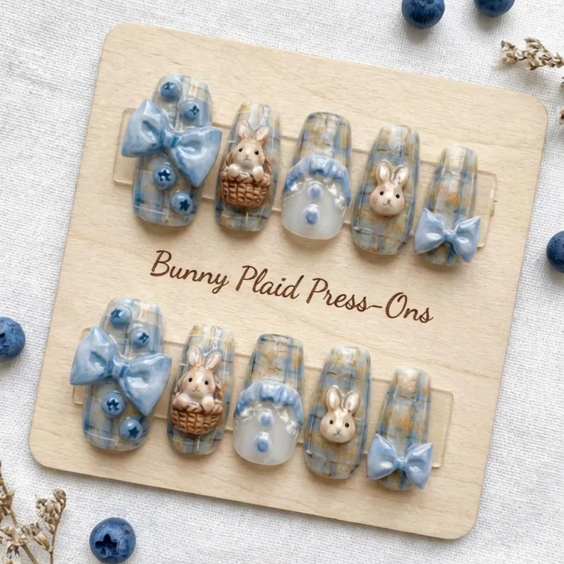 sweet lolita nails, blue plaid nails, press on nails, custom press on nails, fake nails, Nails Art, stained glass nails, gold press on nails, 3d press on nails, luxury press on nails, handmade press on nails