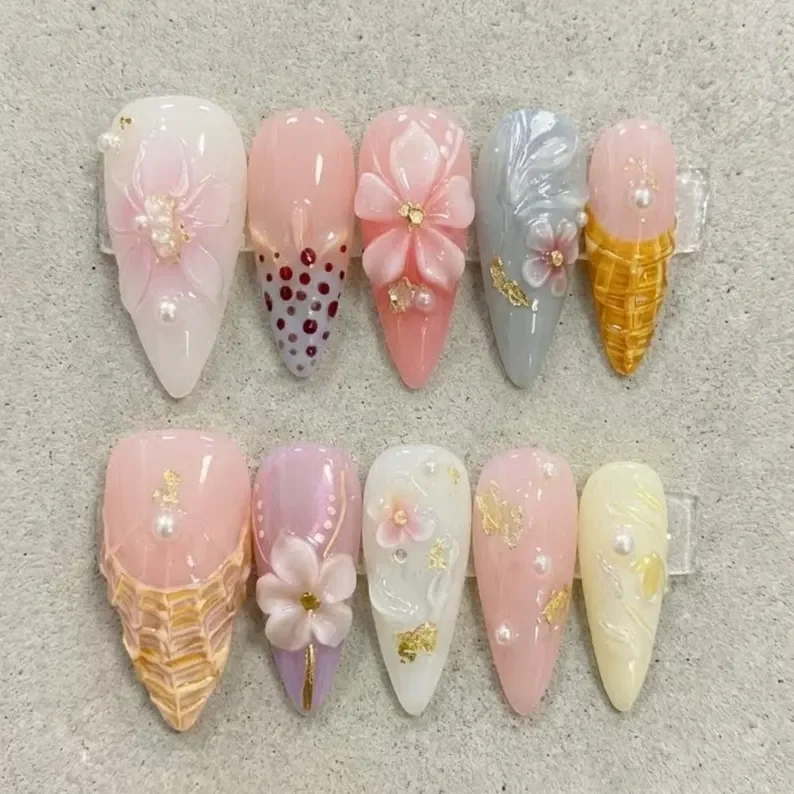spring garden nails, ice cream nails, press on nails, custom press on nails, fake nails, Nails Art, stained glass nails, gold press on nails, 3d press on nails, luxury press on nails, handmade press on nails