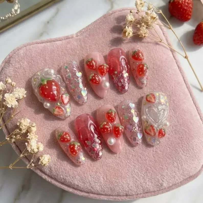 summer kawaii nails, sweet strawberry design, press on nails, custom press on nails, fake nails, Nails Art, stained glass nails, gold press on nails, 3d press on nails, luxury press on nails, handmade press on nails