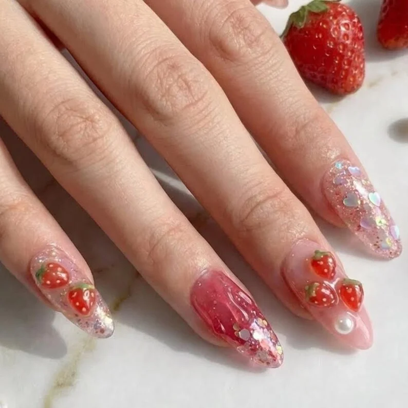 strawberry shortcake nails, 3D press on nails, press on nails, custom press on nails, fake nails, Nails Art, stained glass nails, gold press on nails, 3d press on nails, luxury press on nails, handmade press on nails