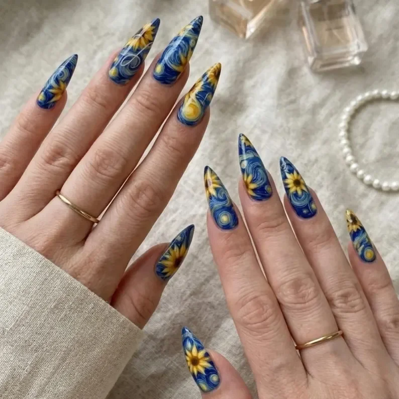 sunflower nail design, blue garden nails, press on nails, custom press on nails, fake nails, Nails Art, stained glass nails, gold press on nails, 3d press on nails, luxury press on nails, handmade press on nails