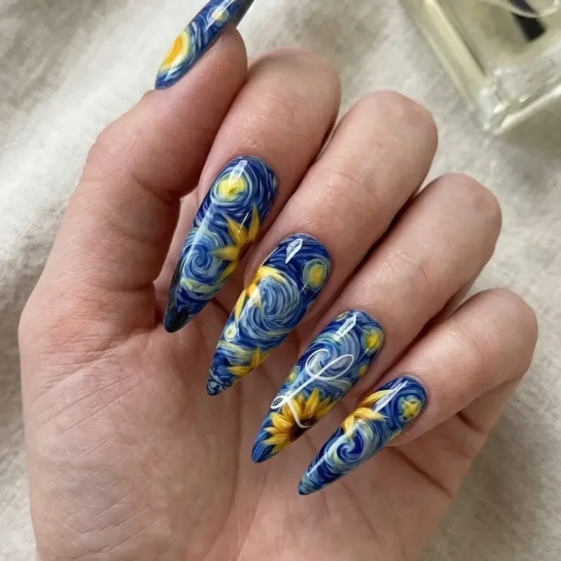 impressionist nail art, swirling nail art, press on nails, custom press on nails, fake nails, Nails Art, stained glass nails, gold press on nails, 3d press on nails, luxury press on nails, handmade press on nails