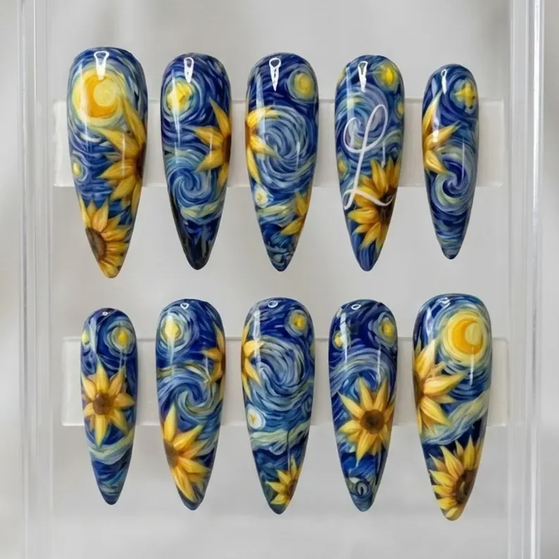 swirling sunflower press on nails, impressionist blue nail art, press on nails, custom press on nails, fake nails, Nails Art, stained glass nails, gold press on nails, 3d press on nails, luxury press on nails, handmade press on nails