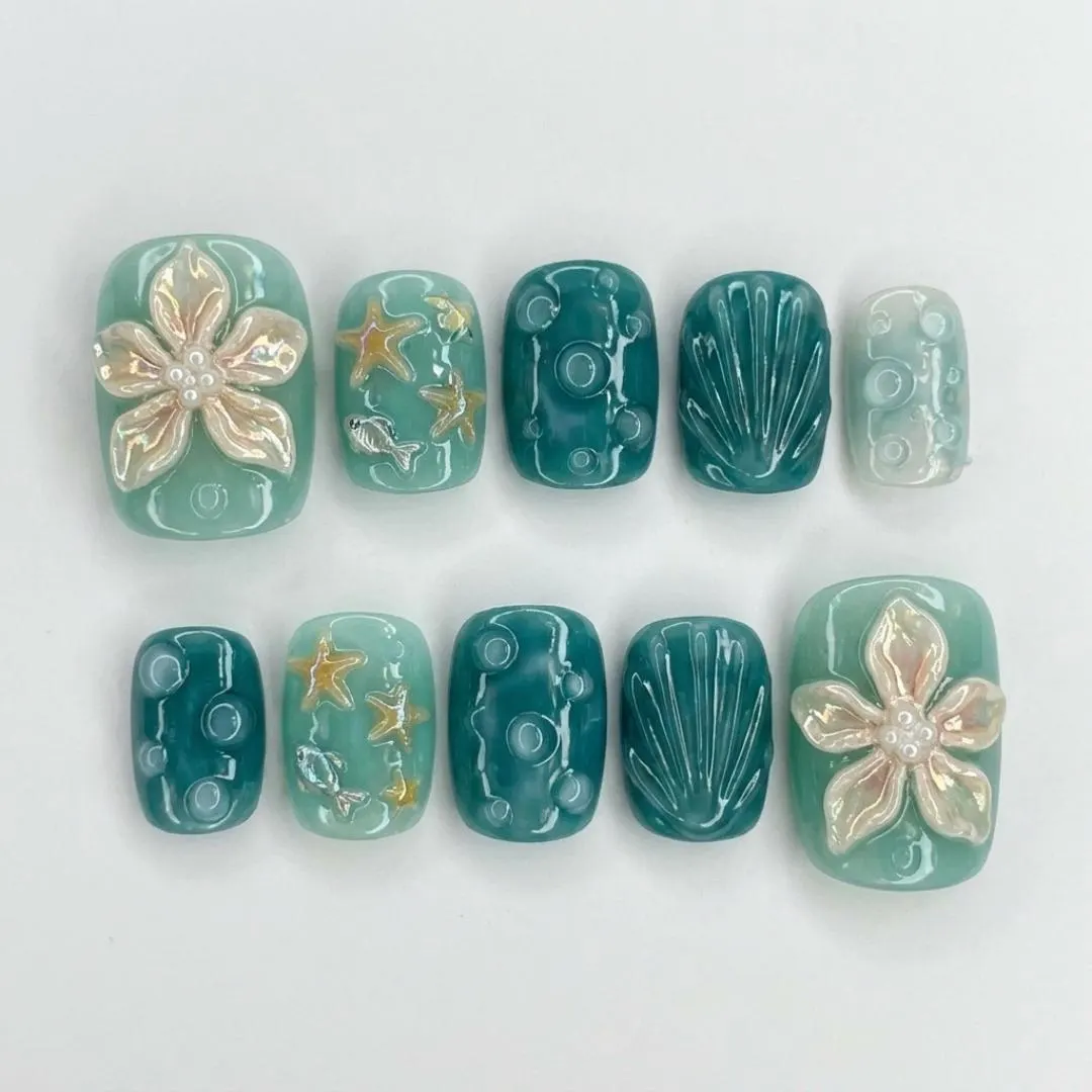 teal mermaidcore, press on toes, press on nails, custom press on nails, fake nails, Nails Art, stained glass nails, gold press on nails, 3d press on nails, luxury press on nails, handmade press on nails