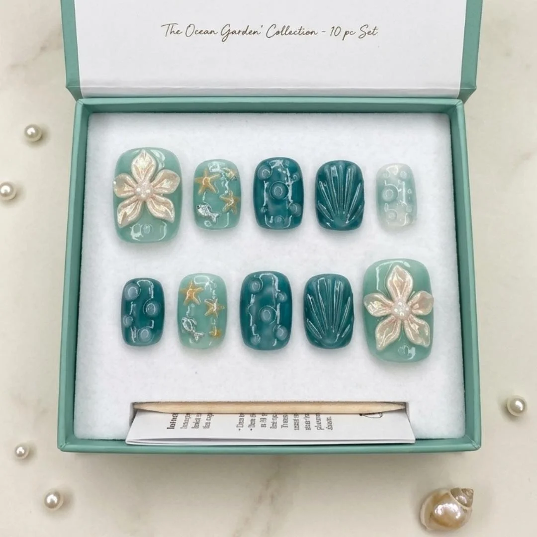 ocean summer, mermaid pedi, press on nails, custom press on nails, fake nails, Nails Art, stained glass nails, gold press on nails, 3d press on nails, luxury press on nails, handmade press on nails