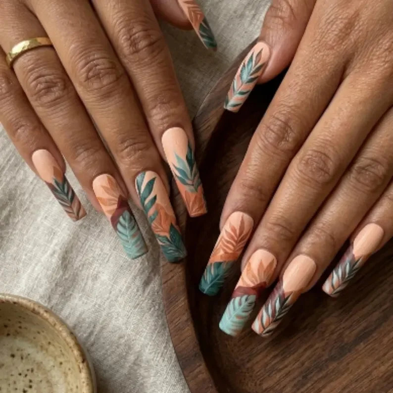 tropical leaf, earthy boho, press on nails, custom press on nails, fake nails, Nails Art, stained glass nails, gold press on nails, 3d press on nails, luxury press on nails, handmade press on nails