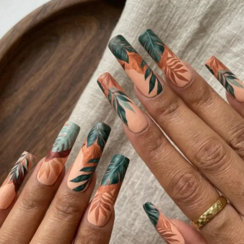 leaf nail design, terracotta nails, press on nails, custom press on nails, fake nails, Nails Art, stained glass nails, gold press on nails, 3d press on nails, luxury press on nails, handmade press on nails