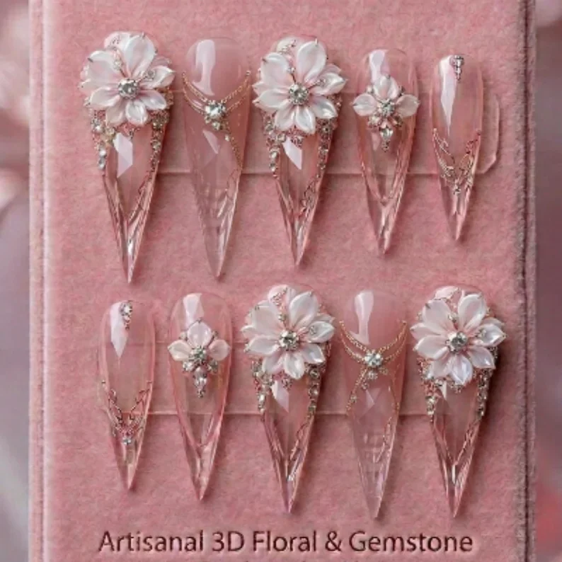 floral press on, gemstone nail art, press on nails, custom press on nails, fake nails, Nails Art, stained glass nails, gold press on nails, 3d press on nails, luxury press on nails, handmade press on nails