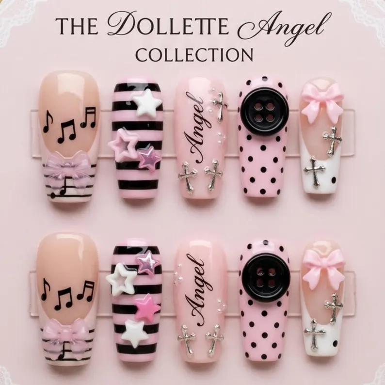 Pink Black Nails, Coquette Lolita, press on nails, custom press on nails, fake nails, Nails Art, stained glass nails, gold press on nails, 3d press on nails, luxury press on nails, handmade press on nails