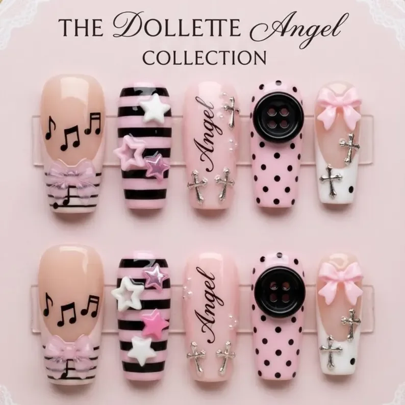 Dollette Angel Y2K, Press On Nails, press on nails, custom press on nails, fake nails, Nails Art, stained glass nails, gold press on nails, 3d press on nails, luxury press on nails, handmade press on nails